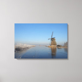 Winterlandschap met windmolen en ijs canvas afdruk