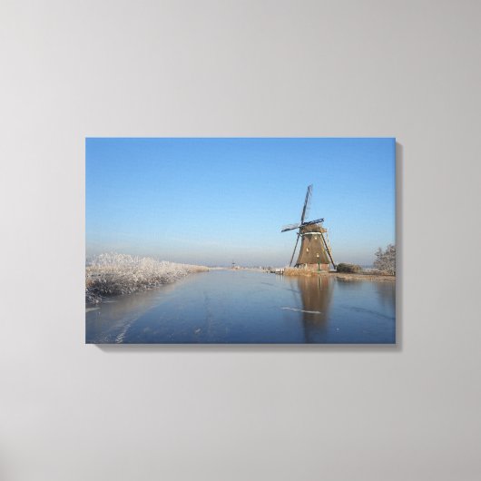 Winterlandschap met windmolen en ijs canvas afdruk (Voorkant)