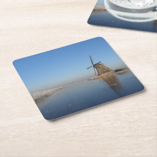 Winterlandschap met windmolen en ijs kartonnen onderzetters (Schuin)