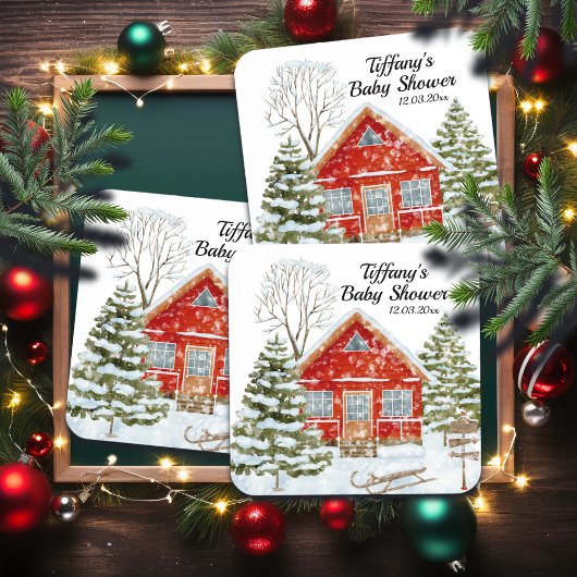 Winterlandschap Red House Baby shower Bier Onderzetter