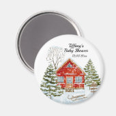 Winterlandschap Red House Baby shower Magneet (Voorkant / Achterkant)