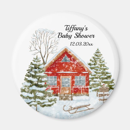 Winterlandschap Red House Baby shower Magneet (Voorkant)