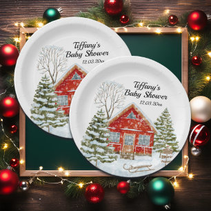 Winterlandschap Red House Baby shower Papieren Bordje