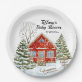 Winterlandschap Red House Baby shower Papieren Bordje (Voorkant)