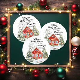 Winterlandschap Red House Baby shower Ronde Sticker