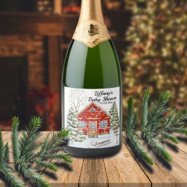 Winterlandschap Red House Baby shower Sparkling Wijnetiket