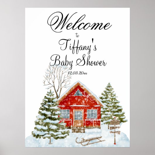 Winterlandschap Red House Baby shower Welkom Poster (Voorkant)