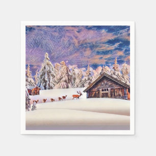 Winterlandschap Rendieren en blokhut Waterverf Servet