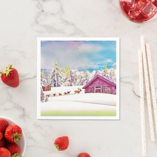 Winterlandschap Rendieren en blokhut Waterverf Servet (Insitu)