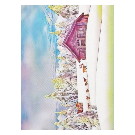 Winterlandschap Rendieren en blokhut Waterverf Tafelkleed (Voorkant)