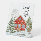 Winterlandschap Rode Huis Kaarten en geschenken Reclamebord Met Voetstuk (Voorkant)
