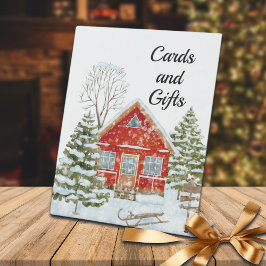 Winterlandschap Rode Huis Kaarten en geschenken Reclamebord Met Voetstuk