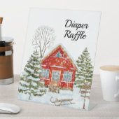 Winterlandschap Rode Huis Luier Raffle Reclamebord Met Voetstuk (Insitu)