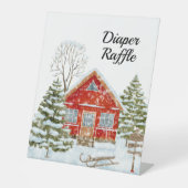 Winterlandschap Rode Huis Luier Raffle Reclamebord Met Voetstuk (Voorkant)
