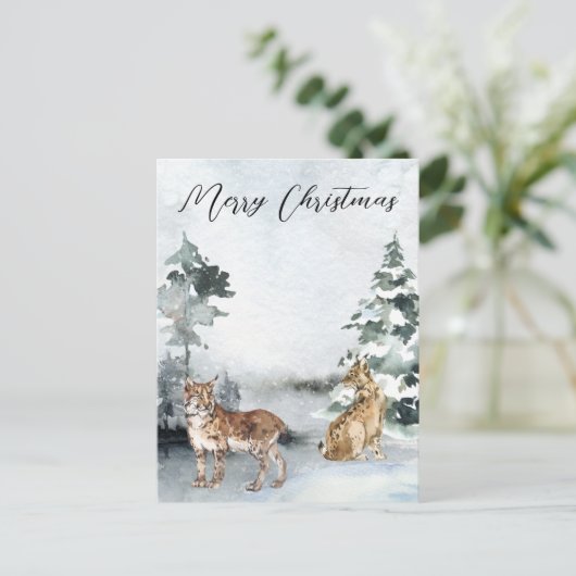 Winterlandschap Waterverf Bobcat Lynx Kerstmis Briefkaart (Staand voorkant)