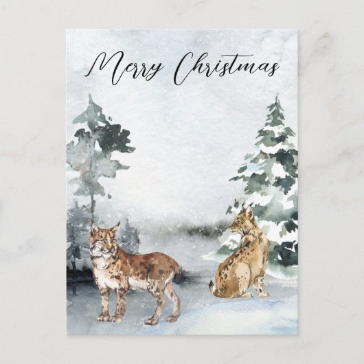 Winterlandschap Waterverf Bobcat Lynx Kerstmis Briefkaart (Voorkant)