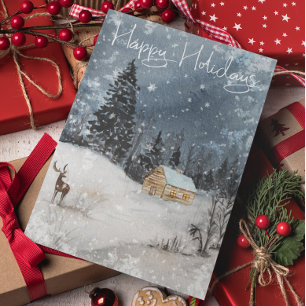 Winterlandschap Waterverf Vakantie Cabin Deer Briefkaart