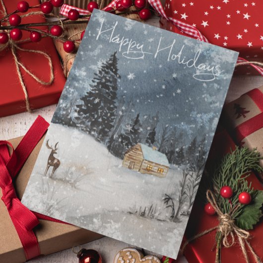 Winterlandschap Waterverf Vakantie Cabin Deer Briefkaart