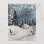 Winterlandschap Waterverf Vakantie Cabin Deer Briefkaart (Voorkant)