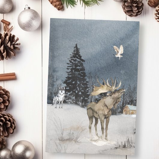 Winterlandschap Waterverf Wolf Eland Scene Tissuepapier