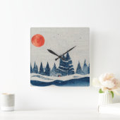Winterlandschapsbosmarinesblauwe rode tekening vierkante klok (Huis)