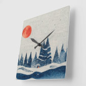 Winterlandschapsbosmarinesblauwe rode tekening vierkante klok (Hoek)