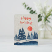 Winterlandschapsbosmoonmarinesblauwe tekening feestdagenkaart (Staand voorkant)