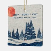 Winterlandschapsbosmoonmarinesblauwe tekening keramisch ornament (Links)