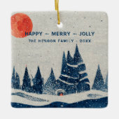 Winterlandschapsbosmoonmarinesblauwe tekening keramisch ornament (Voorkant)