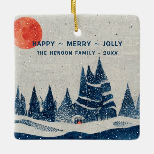 Winterlandschapsbosmoonmarinesblauwe tekening keramisch ornament (Voorkant)