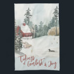 Winterlandschapslangen van Comfort en Joy Theedoek<br><div class="desc">Winterkeukenhanddoek voor het landschap,  met de letters "Tidings of Comfort and Joy" in trendy script-typografie. Het landontwerp heeft een waterverf plaats van een lakeside,  dennenbomen,  een eend op het meer,  sneeuw en een slede.</div>