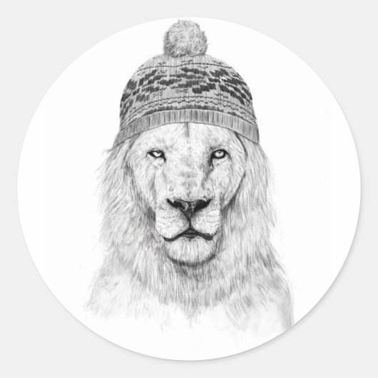 Winterleeuw (bw) ronde sticker (Voorkant)
