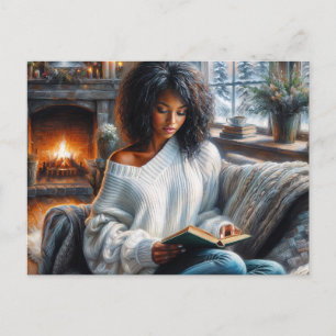 Winterlezen Zwarte Vrouw Gezellige Kunst Briefkaart