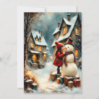Winterliche Dorfszene mit Mädchen und Schneemann Kaart