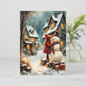 Winterliche Dorfszene mit Mädchen und Schneemann Kaart (Staand voorkant)