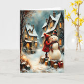Winterliche Dorfszene mit Mädchen und Schneemann Kaart (Gele Bloem)