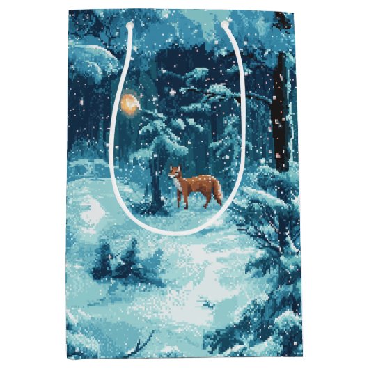 Winterlicher Pixelwald – Verschneite Waldszene Medium Cadeauzakje (Voorkant)
