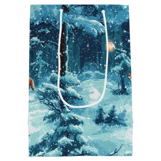 Winterlicher Pixelwald – Verschneite Waldszene Medium Cadeauzakje (Achterkant)