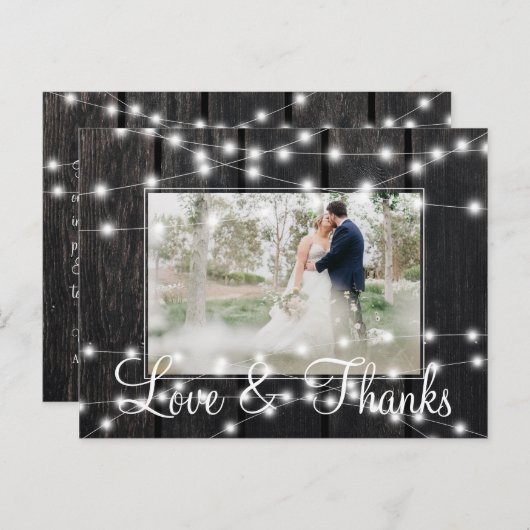 Winterlichten schuur hout foto bruiloft dank u aankondigingskaart (Voorkant / Achterkant)