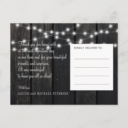 Winterlichten schuur hout foto bruiloft dank u aankondigingskaart (Achterkant)