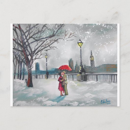 Winterliefhebbers sneeuw Londen Thames Big Ben sch Briefkaart (Voorkant)
