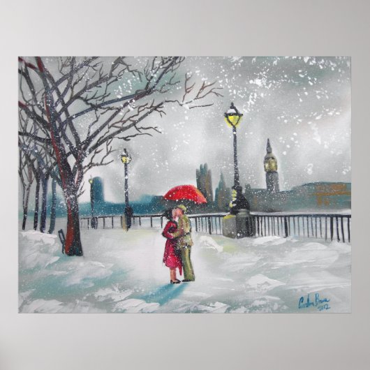 Winterliefhebbers sneeuw Londen Thames Big Ben sch Poster (Voorkant)