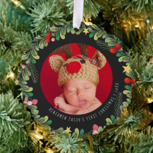 Winterloof Baby's eerste kerstfeest Ornament Kaart