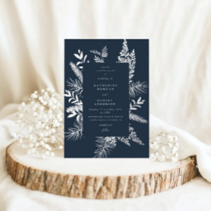 Winterloof donkerblauw elegante trouwkaart folie uitnodiging