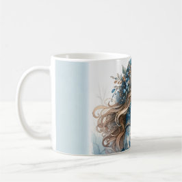 Wintermeisje met vogel in blauwe bloemencoat koffiemok