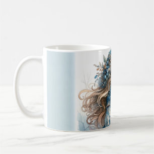 Wintermeisje met vogel in blauwe bloemencoat koffiemok