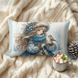 Wintermeisje met vogel in blauwe bloemencoat kussen
