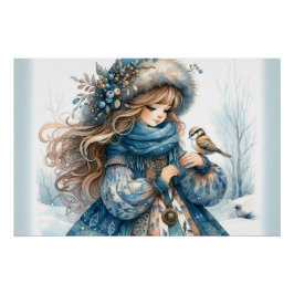 Wintermeisje met vogel in blauwe bloemencoat perfect poster