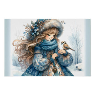 Wintermeisje met vogel in blauwe bloemencoat perfect poster