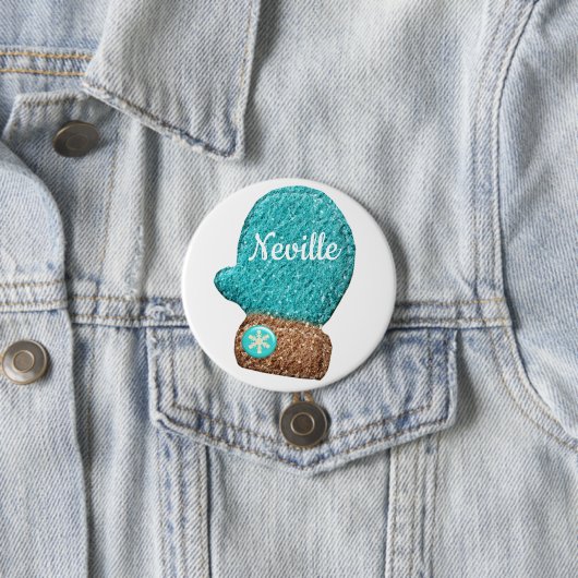 Wintermitten schattige sneeuwvlok blauw bruin wit ronde button 7,6 cm (In situ)